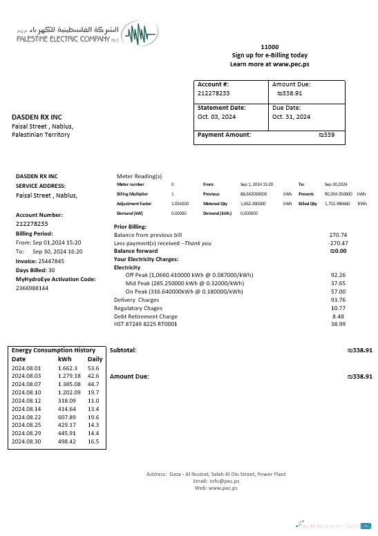 Palestine Electric Company (PEC) business utility bill template in Word and PDF formats